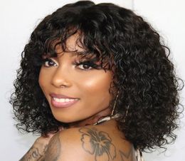 4x4 Curly Lace Closure Wig Brazilian Human Hair Wigs With Bangs for Black Women 150 Remy Hair Short Bob Wig2985965