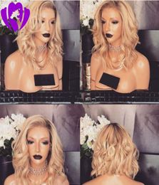 Side part brown roots Synthetic Ombre Blonde Bob lace front Wigs 14 inch Short wavy Wig Heat Resistant Fiber for Women Hair4263341