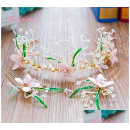 Headpieces Chic Handmade Flowers Pearls Half Bridal Crowns Sets Gold Hairstyles For Bride Bohemian Hairpieces H37-2 Drop Delivery We Dhp6G