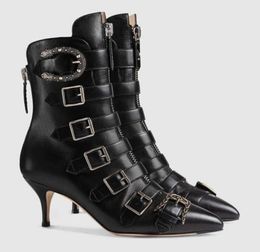 satin flower Cowskin leather 7CM high heels metal pillage pointed toes SHOES Motorcycle Ankle boots buckle3583026