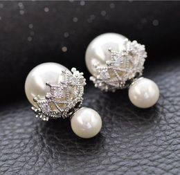 S925 Sterling Silver Stud Earrings with Crystal Luxury Pearl Double Sided Lace Designer Ear Rings Jewellery for Wedding7275853