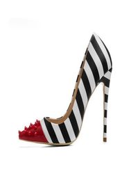 M Shoes Fashion красные заклепки заостренные пальцы на ногах Женские высокие каблуки Свадебная шпилька Стилетто обувь черные белые полосы с шипами на 12 см.
