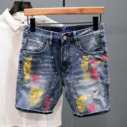 Men's Shorts Mens fashionable denim shorts new summer mens blue torn jeans high-quality mens paint splatter technology denim shorts J240531