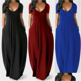 Basic Casual Dresses Women Maxi Dress Summer V-Neck Solid Long Fashion Pockets Short Sleeve Loose Female Vestidos Plus Size Drop D Dh73S