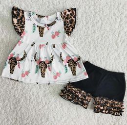 2021 Kids Designer Clothes Girls Fashion Boutique Outfits Flutter Sleeve Tunic Cow Icing Ruffle Shorts Toddler Baby Girls7796287