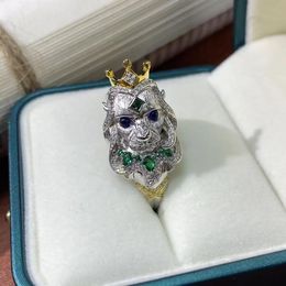 Lion King Ring S925 Silver Gold Plated Animal Gemstone Ring 240510