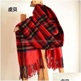 Scarves Faux Cashmere Shawl Winter Red Plaid Blanket Tassel Scarf Cape Warm Uni Acrylic Men Or Women Christmas Drop Delivery Dhgkc