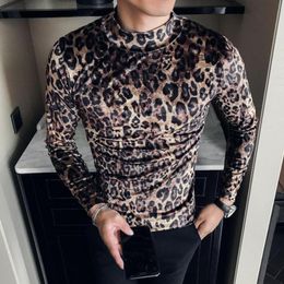 Men039s TShirts Leopard Velvet T Shirt Men Long Sleeve Casual Slim Fit Tshirt Vintage Half Turtleneck Man Streetwear Club Tops7865847