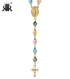 RIR Jesus Christ Evil Eye Bead Catholic Religious Rosary Long Crucifixes Necklace Stainless Steel Men Women245C24412917048124