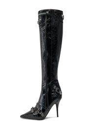 Boots Cagole belt buckle decoration knee high boots women039s leather side zipper pointed sexy fashion luxury designer factory 6887601