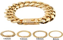 8mm10mm12mm14mm16mm18mm Mens 18K Gold Plated Stainless Steel Bracelets High Polished Miami Cuban Link Punk Curb CZ Bracelet1344852