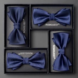 Navy blue dark blue double layer bow tie for men and women business formal British Korean version bow solid color gift box 240601