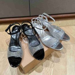 Sandals Women ankle strap sandals Crystal decoration 5.5cm chunky block Heel slip on Sandal Evening Dress shoes luxury designers factory footwear 34-42 with box