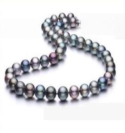 New Fine pearl Jewellery 89 mm round natural tahitian black red green pearl necklace 18inch1016990