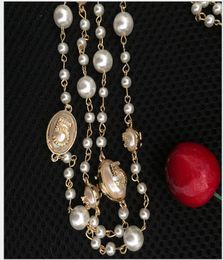 Fashion Women Golden Chain Necklace lady Perfume Bottles Jewellery Number 5 Elegant beaded pearl Design long sweater chain necklaces6134608