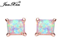 JUNXIN GreenBlueWhite Fire Opal Stud Earrings For Women Rose Gold Filled Square Earrings Princess Cut Birthstone Earring Gifts7933821