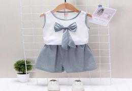 Summer Children Casual Clothes Suit Cute Baby Girls Beautiful Bow Vest Shorts 2Pcsset Toddler Cotton Clothing Infant Tracksuits4720311