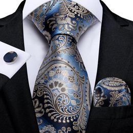 Blue Champagne Paisley Design Silk Wedding Tie For Men Handky Cufflink Gift Mens Necktie Fashion Business Party Dropship Hi-Tie 240601