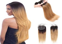 Precolored Raw Indian Hair 3 Bundles with Closure 1b 27 Ombre Blonde Straight Human Hair Weaves Bundles with Closure 100 Human H7228759
