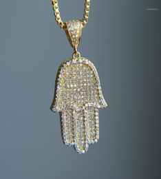 high quality hip hop bling box chain 24quot women Men couple gold silver color iced out Hamsa hand pendant necklace with cz13015568