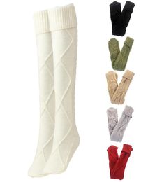 Socks Hosiery Women Cable Knit Diamond Pattern Boot Thigh High Solid Colour Turn Cuff Over Knee Extra Long Stockings2413779