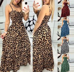 Letnie sukienki dla kobiet projektantki Leopard Print Spaghetti Pasek V Neck Maxi Sukienka Modna i seksowna AST283380