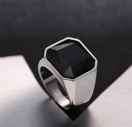 Fashion Mens Signet Rings Stainless Steel color silver Band with Black Stone Inlay Ring for Men Vintage Biker Jewelry Bague Anel M2961219