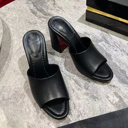 Women's Chunky Heel slippers slides mule Sandals genuine leather Exposed toe Slipper Luxury Designers high heels factory footwear 34-42 with box