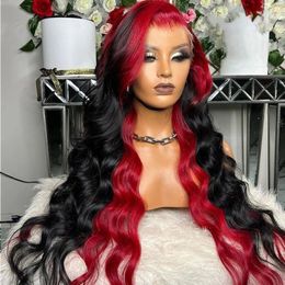 34 Inches Perivian HD Lace Front Wig Red Ombre Black Body Wave Lace Frontal Wig Coloured Highlight Wig Synthetic Preplucked Thugl