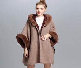 New Autumn Winter Women039s Loose Hooded Poncho Wool Blends Faux Fur Collar Cuff Cardigan Shawl Cape Cloak Outwear Coat C31962349109
