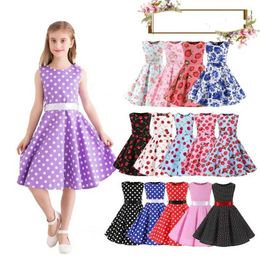 Girl's Dresses Polka dots retro childrens 1950s swing dress floral midi dress cotton summer dress baby girl Y240529