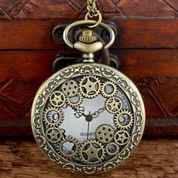 Pocket Watches Classic Vintage Bronze Steampunk Gear Quartz Watch With Chain Retro Men Women Punk Pendant Necklace Clock Gift1 257g