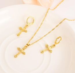 Bright 18 k fine solid gold GF small cross Pendant chain Earrings sets Christian Jesus bridal Gifts handsome Young4546841