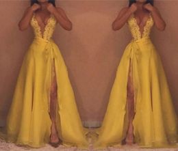 Cheap Yellow Prom Dresses Simple Sexy Deep V Neck Draped Long Side Split Party Dress Evening Wear Custom Vintage2962246