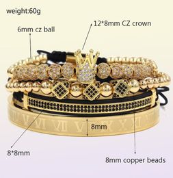 4pcs set Gold Black Hip Hop Hand Made Beaded Bracelet Men Copper Pave CZ Zircon Crown Roman Numeral Bangles Bracelets Jewellery 20 s4951253