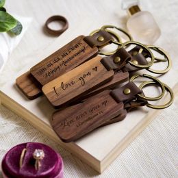 Personalized Leather Keychain Pendant Beech Wood Carving Keychains Luggage Decoration Key Ring DIY Thanksgiving Father's Day Gift With Free Logo Printing
