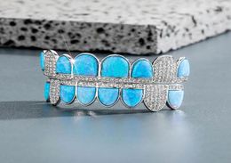 14K CZ Vampire Teeth Grillz Iced Out Micro Pave Cubic Zircon BLUE Opal 8 Tooth Hip Hop Grill Top Bottom Mouth Grills Set with Sili6542778