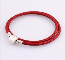 Wholesale-Fashion Womens 925 Sterling Silver RED Double Layer Leather Bracelet Fit Charms Beads Jewellery Men Bangle with Original box8092251