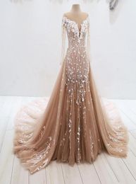 Elegant Mermaid Evening Dresses Sheer Neck Long Sleeves Appliques Tulle Floor Length Plus Size Brown Ivory Formal Prom Dresses4596725