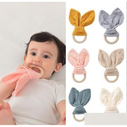 Soothers Teethers Solid Colour Bunny Ear Teether Fabric Wooden Teething Ring With Crinkle Material Shower Gift Drop Delivery Baby Kids Otohf