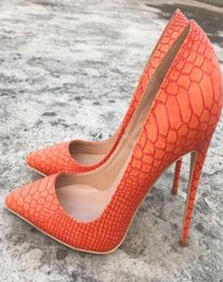 Fashion Sexy Lady Women Orange Snake python point toe shoes High Heels thin heeled shoes pumps genuine leather 120mm Big size7105192