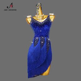 Stage Wear New Blue Velvet Latin Dance Dress Competition Come Sexy Fringed Skirt for Women Girl Party Sports Ballroom Practise Wear Prom Y240529