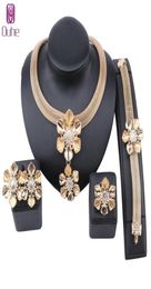 New African Dubai Gold Nigerian Crystal Flower Necklace Earrings Ring Bracelet Italian Wedding Accessories Jewellery Sets4094482