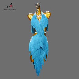 Stage Wear Latin Dance Fringe Dress Blue Sexy Short Skirt for Women Ballroom Performance Female Clothing Fr Shipping Customize Practice Y240529