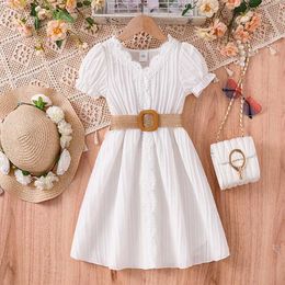 Girl's Dresses 2024 New Summer White Short sleeved Belt Suitable for 4-12 Year Old Girls Elegant Dress Holiday Party Daily Casual Clothing Y240529