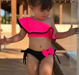 Baby Girl Swimwear Children Ruffled Swimming Suit Two Piece Bownot Bikini Set Swim Cloths Beach Bathing Costume 4 Colours 5pcs DW493006515