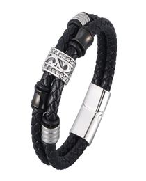 Charm Bracelets Punk Black Double Genuine Leather Braided Bangles For Men Stainless Steel Vintage Male Wrist Band Hand Jewellery SP05826178