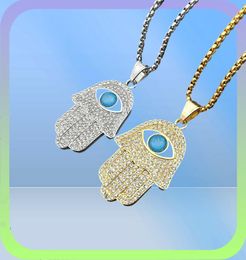Turkish Hamsa Hand of Fatima Pendant Necklace Gold Stainless Steel Iced Out Chain Hip Hop WomenMen Jewellery 2106212985265