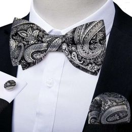 Bow Ties Brand Grey Bowties For Man Wedding Business Party Shirt Accesoories Fashion Paisley Pre-tied Tie Pocket Square Cufflinks