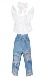 3 Pieces Set Baby Clothing Fashion Baby White Jacket Hole Jeans Bows Headwear Children Woman Clothes Sets 2020 30jx K25838027